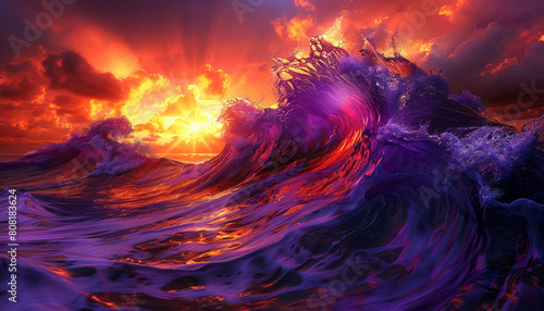 An intense and vivid display of royal purple and bright orange waves, their powerful interaction mimicking the dramatic flare of a sunset.