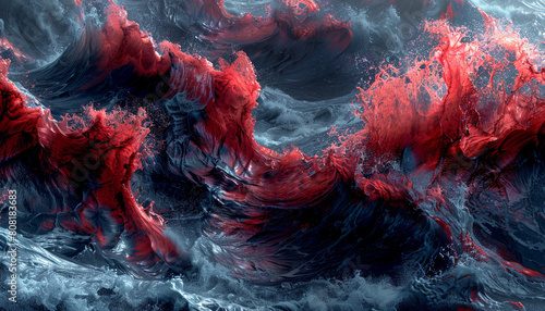 An intense and vivid scene of scarlet and navy waves clashing, resembling the dramatic and powerful movements of an ocean during a storm. photo