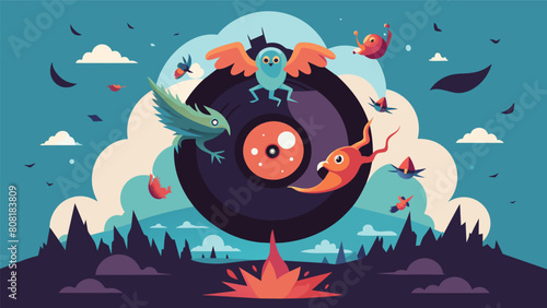 An otherworldly kingdom where creatures made of sound and music float through the air brought to life by the haunting melodies of a vinyl record Vector illustration