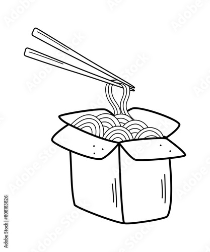 Noodles with chopsticks in a box, doodle icon. Vector illustration of Chinese food, udon. Isolated on white.