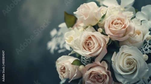 A stunning bridal bouquet featuring a blend of delicate white and pink roses sits gracefully on a table