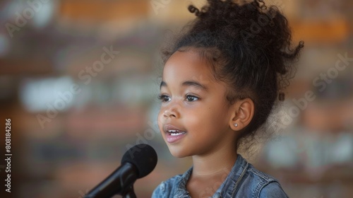 Girl seven years old child hold microphone. Talent competition, public speaking photo