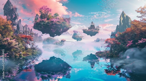 Floating Islands Suspended Above a Tranquil Lake A Surrealist Expression of Wonder and Imagination
