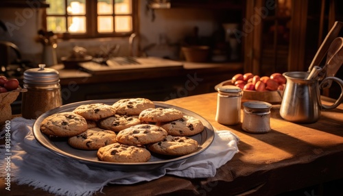 A plate holds freshly baked chocolate chip cookies on a wooden table in a home kitchen