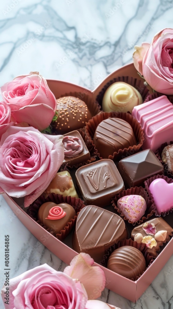 Gourmet Chocolates in a Heart Amidst Tender Roses Gourmet Chocolates in a Heart Amidst Tender Roses
