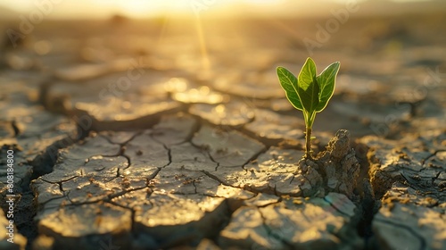 A close up of a small green plant sprouting on cracked dry land, symbolizing life in the face of harsh conditions and environmental challenges, enviromental care concept, world environment day