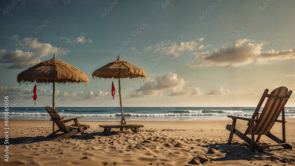 Two beach umbrellas and two beach chairs are set up on a sandy beach