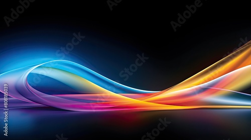Rainbow-colored light streaks against a dark background, creating a dynamic and energetic atmosphere