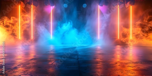 "Desolate Stage with Blue Neon Lights, Concrete Floor, and Smoke". Concept Dark Setting, Moody Lighting, Urban Vibe, Industrial Aesthetic, Atmospheric Ambiance