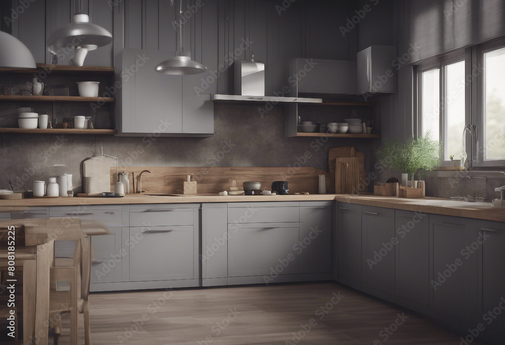 Gray and wooden kitchen with cupboards close up Gray and wooden kitchen with cupboards close up