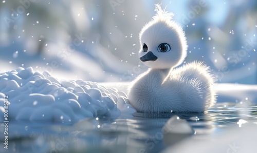 3D rendering illustration of a beautiful swan baby with cute big eyes on a snowy snowdrift photo