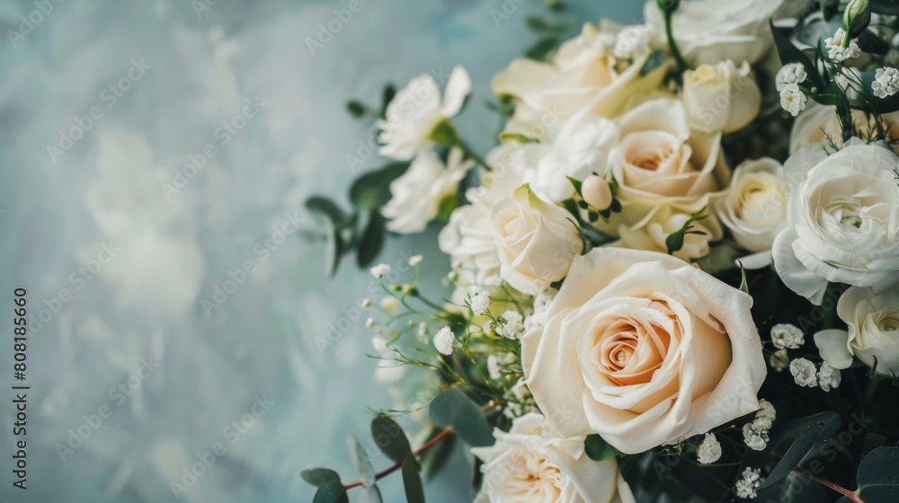 A bouquet of white flowers displayed against a serene blue background A bouquet of white flowers displayed against a serene blue background