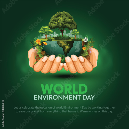 world environment day poster. two hands holding and green plant and globe. abstract vector illustration design.