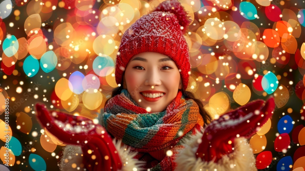 A woman in a red hat and scarf raises hands before a Christmas tree adorned with twinkling lights A woman in a red hat and scarf raises hands before a Christmas tree adorned with twinkling lights