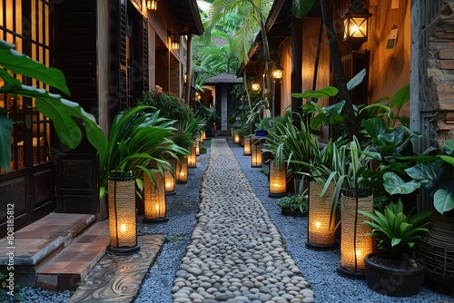 A lanternlined cobblestone path with plants and flowerpots photo