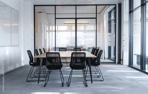 Table  empty and chair for conference room  corporate company and meeting boardroom in law firm building. Vacant  furniture and seats for luxury office or workplace  interior and clean modern design