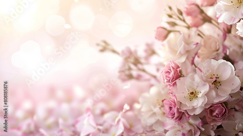 A bunch of pink and white flowers blooming on a soft pink backdrop