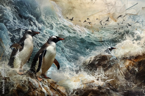 A captivating digital painting depicting a colony of penguins forced to leave their traditional nesting sites due to the spread of fishing and changing water temperatures.