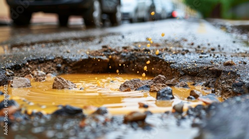   A puddle of water lies next to the road, surrounded by rocks and dirt Cars are situated on the opposite side