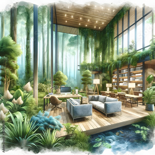 Eco-Friendly Office with Indoor Forest and Stream for a Natural Workspace