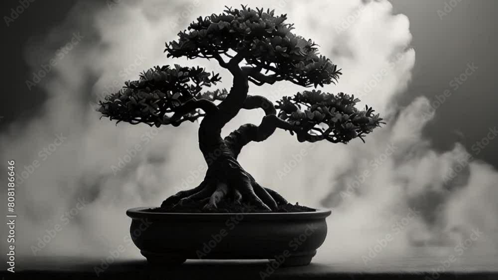 Silhouette of Bonsai Tree Against Foggy Background