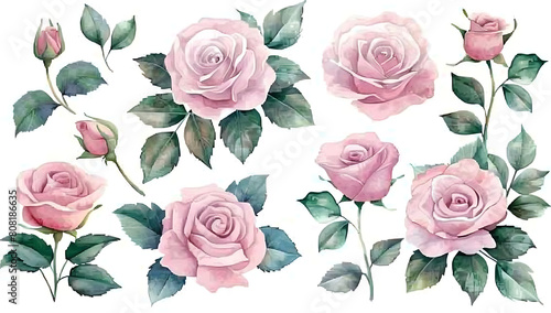 pink roses and rosebuds with green leaves on long stems, on white background photo