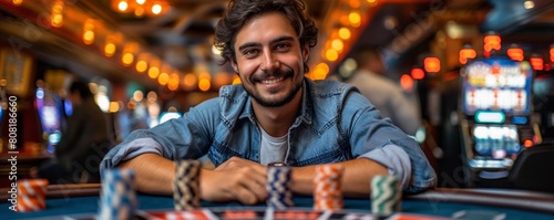 Man with a smile playing poker at casino
