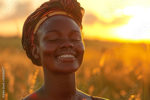 A tranquil portrait of a black African woman  smiling with closed eyes  set against a breathtaking sunset over the African landscape  radiating peace and beauty