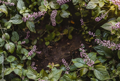 Fresh basil plants with purple flowers in garden, organic herbs, natural food and gardening concept, top view photo