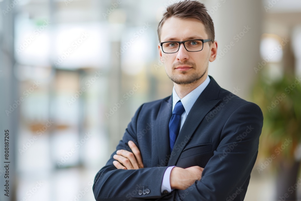 Fototapeta premium A professional man in a suit and tie stands confidently with his arms crossed