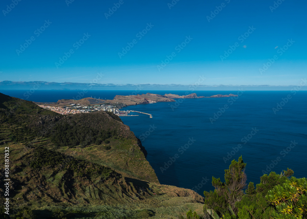 View of Ponta de Sao Lourenco and Island Ilheu da Cevada or Ilheu do Farol, the most easterly point on Madeira - seen from Pico do Facho Viewpoint, Madeira, Portugal