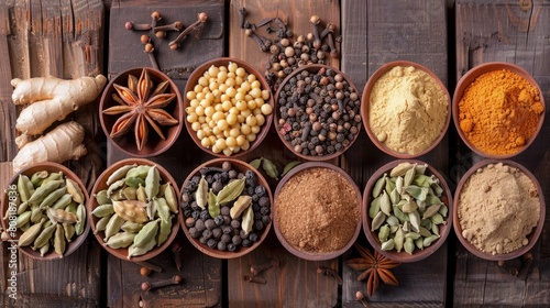 wooden surface displaying aromatic indian spices like cardamom, cinnamon, ginger, and cloves, for the traditional masala chai preparation concept photo