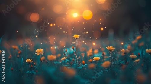   A sunlit field teeming with yellow blooms  flowers and grass illuminated by the midday sun