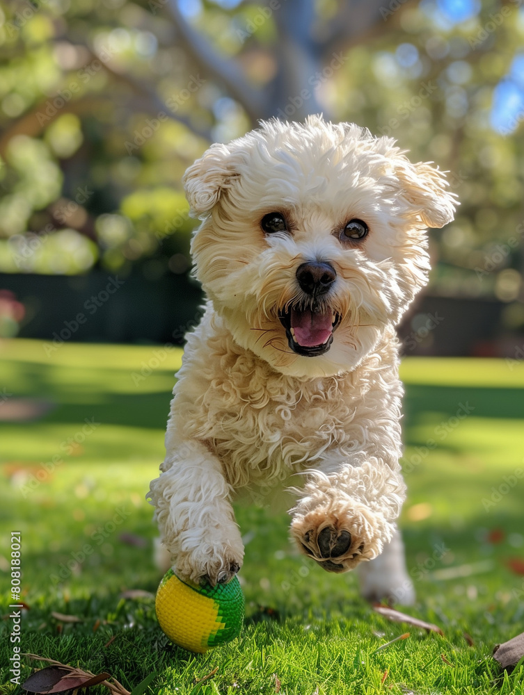 joyful fluffy dog maltipoo leaps towards an orange ball in a sunlit park, embodying the essence of play and happiness.