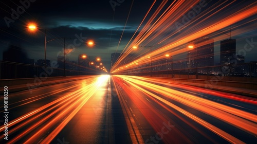 A blurred highway at night  with streaks of light from passing cars creating dynamic lines