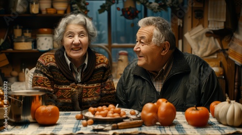   A man and a woman seated at a table  oranges in a plate before them  a pot of food nearby