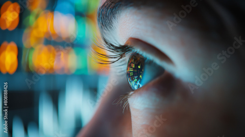 Close-up of a human eye with vibrant reflections showing city lights, showcasing the intricate detail and beauty of the eye's iris and eyelashes. photo