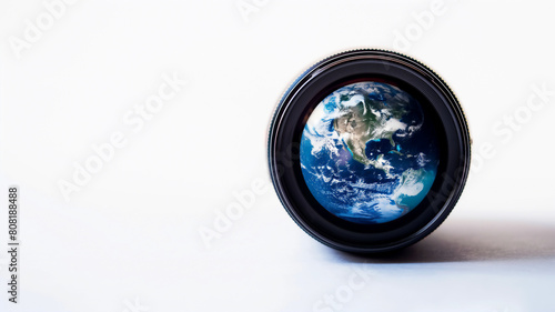 The Earth depicted within a camera lens on a white background, symbolizing focus and perspective on our planet. © Ritthichai