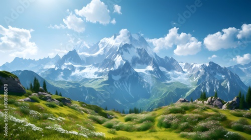 Panoramic view of the mountain range. Beautiful summer landscape.