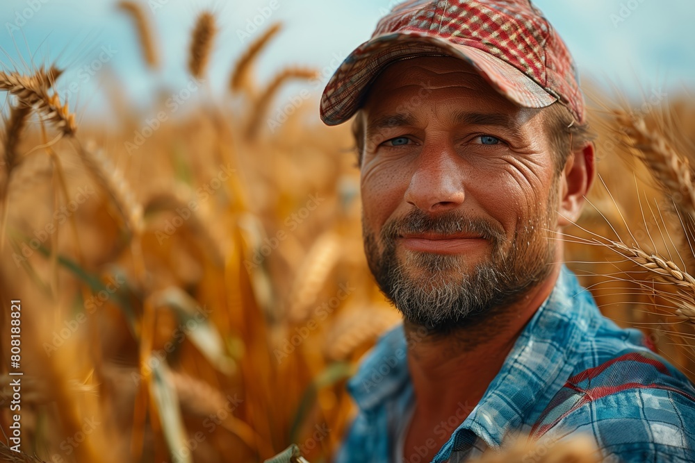 Farmer smiling in a wheat field against the sky Farmer smiling in a wheat field against the sky