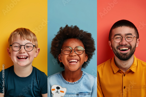 Triptych of three young boys of different age and race with down syndrome, wearing glasses and are happy and smiling. The backgrounds are colorful and flat photo