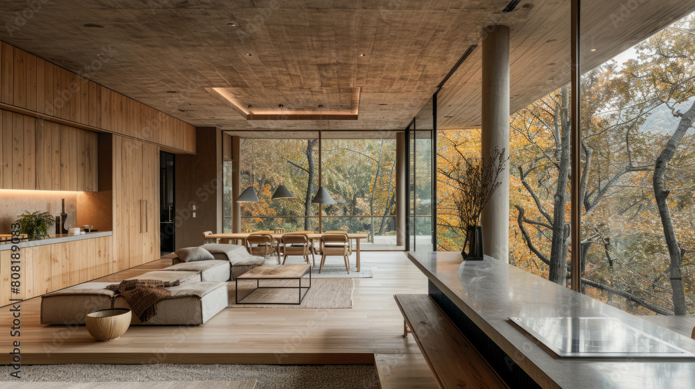 Obraz premium natural light integration, spacious windows fill the room with sunlight, enhancing the simple design and blending indoor and outdoor areas seamlessly