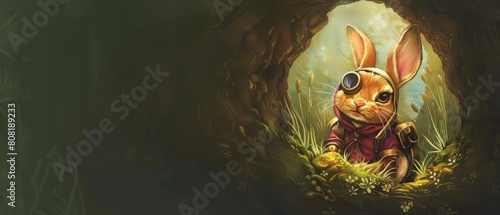 A cute of a burrowing animal, showing a rabbit in a detective outfit solving mysteries, with cyber styles, set in a mysterious underground burrow, Sharpen banner with copy space photo