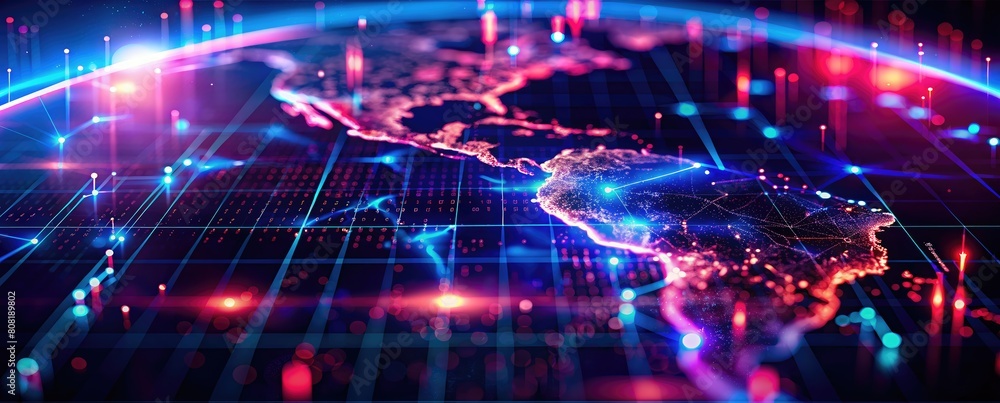 Communication technology internet business. Global world network, telecommunication on earth, cryptocurrency and blockchain IoT. Purple and blue background for copy space Communication technology internet business. Global world network, telecommunication on earth, cryptocurrency and blockchain IoT. Purple and blue background for copy space