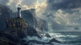 At the edge of a rugged cliff, a solitary lighthouse stands sentinel against the crashing waves below. Its beacon cuts through the darkness, casting a guiding light over the stormy seas