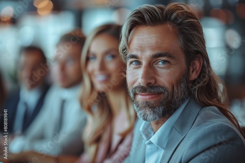 Portrait of an approachable businessman with a friendly smile surrounded by colleagues