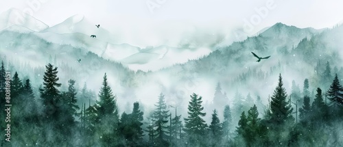 A watercolor of nature capturing a misty forest at dawn in cute styles, Simple detail clipart cute watercolor on white background