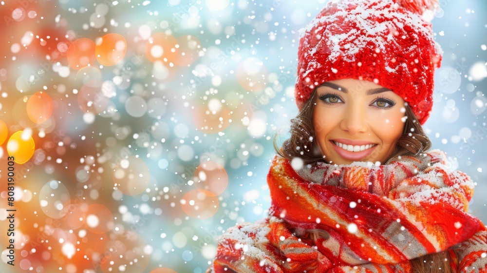 A stunning woman in a red hat and scarf is captured in a photograph amidst falling snow, with a softly blurred background A stunning woman in a red hat and scarf is captured in a photograph amidst falling snow, with a softly blurred background
