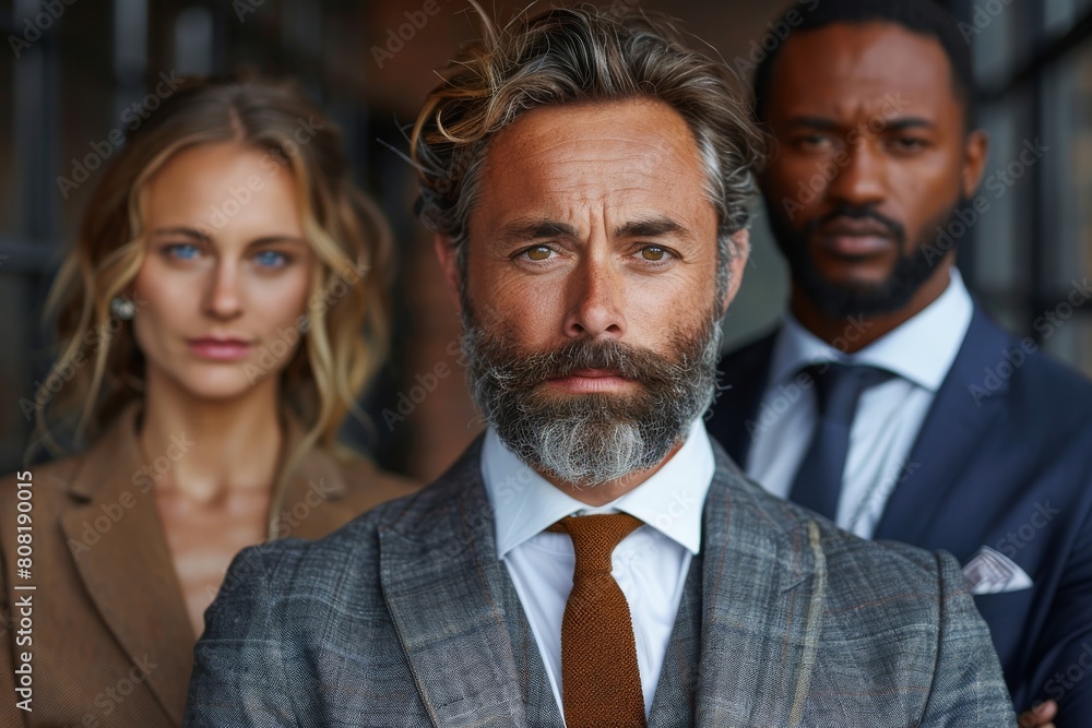 Serious business leader in the foreground with his team blurred in the background Serious business leader in the foreground with his team blurred in the background