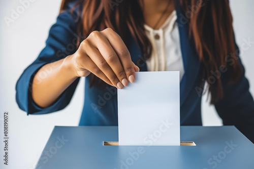 A woman's hand throwing a ballot into a ballot box. Election concept, referendum voting.